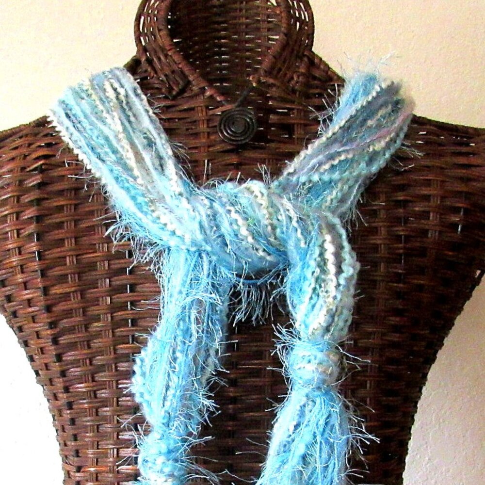 Aqua Turquoise String Scarf 65" Winter Yarn Wash Dry OOAK USA Handmade